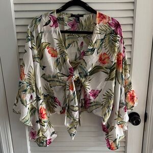 Forever 21 Floral Tie-Front Top - White with Pink & Green
